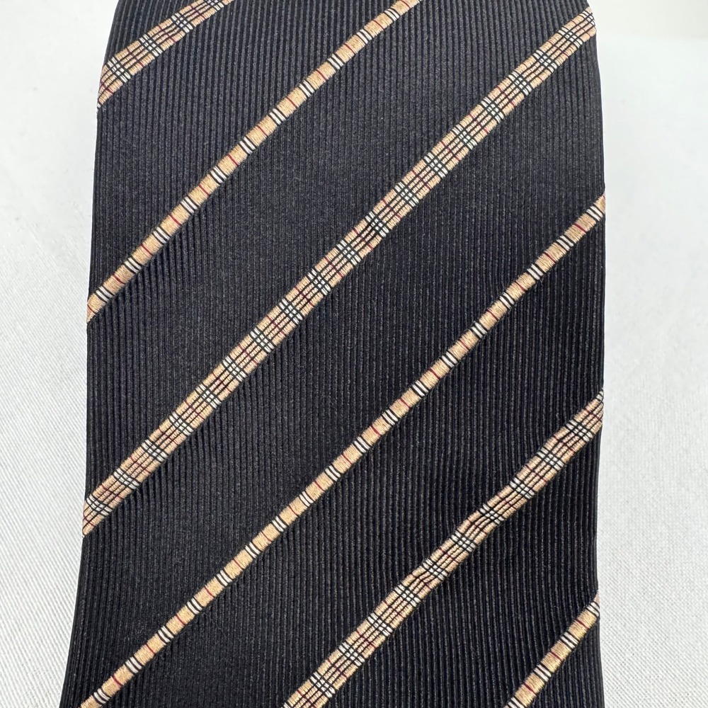 Burberry London Necktie Mens Black Striped Nova Check Silk Designer Tie Italy